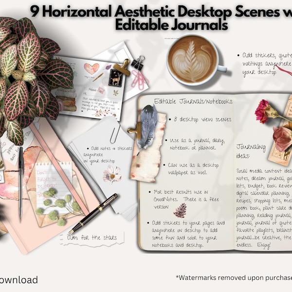 Digital Journal, Horizontal Aesthetic Desk Top View Scenes, Digital Notebook