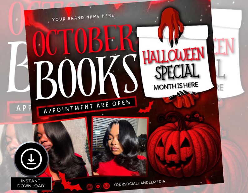 Puede incluir: Un gr&aacute;fico promocional con tem&aacute;tica de Halloween con un fondo degradado rojo y negro. El texto dice "October Books" y "Halloween Special". Tambi&eacute;n se presenta una calabaza tallada y una mano con u&ntilde;as largas y negras. El gr&aacute;fico incluye dos im&aacute;genes de una persona con cabello largo y oscuro.