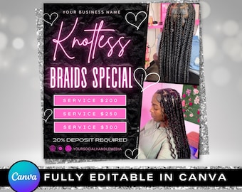 Knotless Braids Flyer, DIY Instagram Flyer, Knottless Braids Special Flye, DIY Hair Salon Flyer, Hair Appointments Available Editable Canva