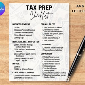 Lista de verificación de preparación de impuestos, editable, lista de verificación de preparación de impuestos, rastreador de preparación de impuestos, lista de verificación de negocios, planificador de deducción de impuestos, descarga instantánea, impuestos