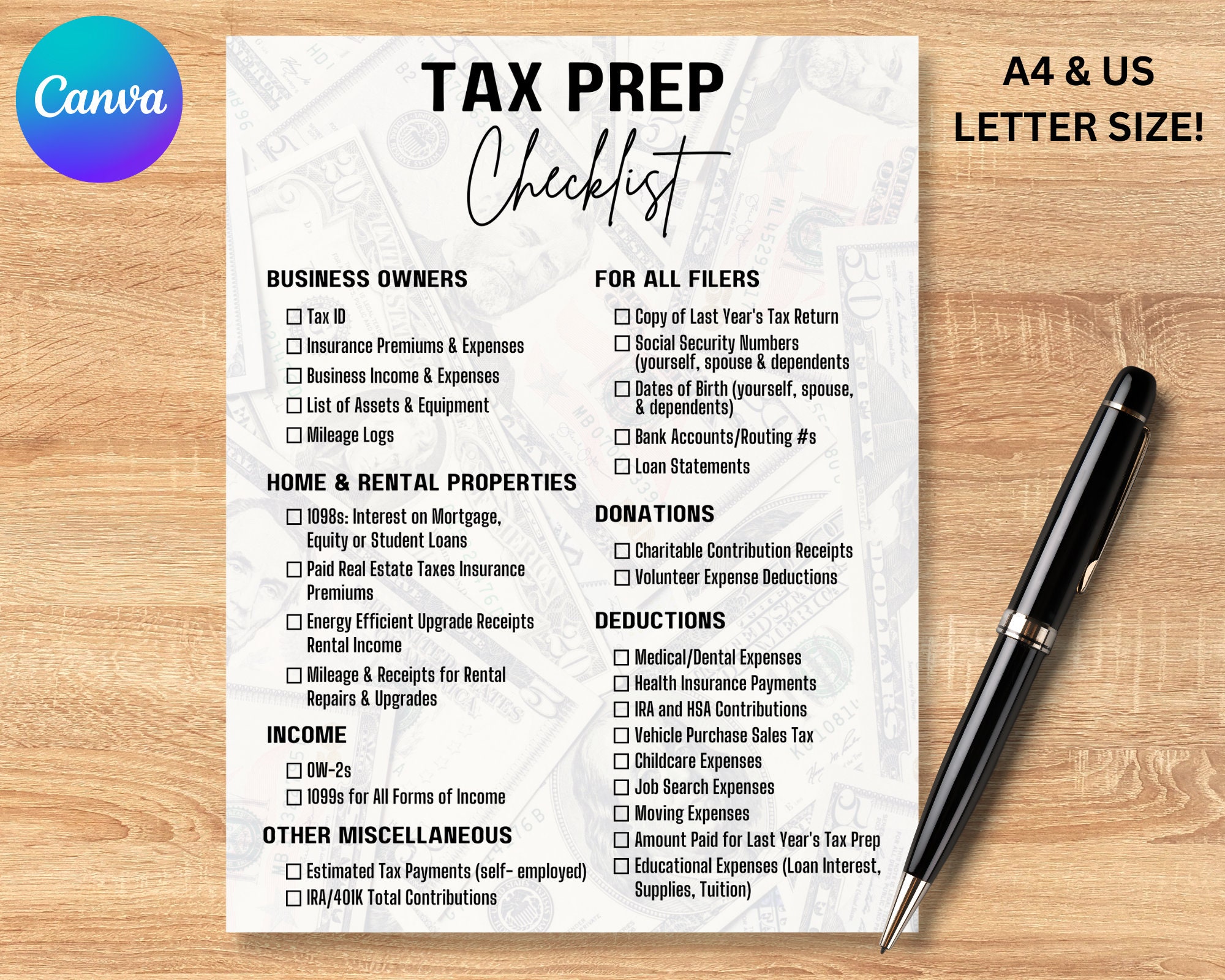 Tax Prep Checklist, Editable, Tax Preparation Checklist, Tax Prep Tracker, Business Checklist, Tax Deduction Planner, Instant Download, Tax