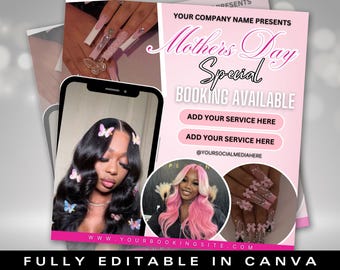 Mothers Day Booking Flyer, May Booking Flyer, May Books open, Hair Braids Nails Lashes MUA Wig, Book Now Flyer, May Appointment Flyer