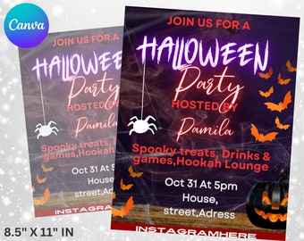 Op de afbeelding: Een Halloween-feestuitnodigingsflyer met een donkerpaarse en zwarte achtergrond met rook, een witte spin, oranje vleermuizen en een pompoen. De tekst bevat JOIN US FOR A HALLOWEEN PARTY HOSTED BY Pamila, Spooky treats, Drinks & games, Hookah Lounge, Oct 31 At 5pm, House, street, Adress en INSTAGRAMHERE. De flyer meet 21,59 cm bij 27,94 cm.