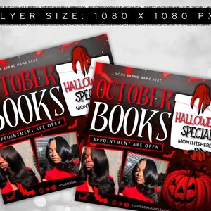 Puede incluir: Dos folletos con tem&aacute;tica de Halloween. Los folletos tienen un fondo rojo y negro con las palabras "October Books" en letras blancas grandes. Los folletos tambi&eacute;n tienen im&aacute;genes de una mujer con cabello negro largo y una calabaza roja.
