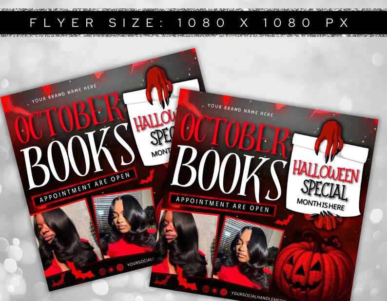 Puede incluir: Dos folletos con tem&aacute;tica de Halloween. Los folletos tienen un fondo rojo y negro con las palabras "October Books" en letras blancas grandes. Los folletos tambi&eacute;n tienen im&aacute;genes de una mujer con cabello negro largo y una calabaza roja.