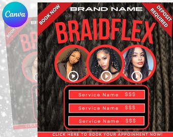 Op de afbeelding: Een promotionele afbeelding voor haarvlecht-diensten genaamd BRAIDFLEX. Het bevat drie ronde foto's van personen met gevlochten kapsels, rode banners met tekst en drie rode balken voor het vermelden van verschillende diensten.