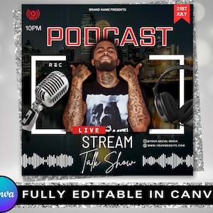 Può includere: Un volantino di podcast nero e rosso con uno sfondo di città. Il volantino presenta un uomo con un microfono e cuffie. Il testo sul volantino recita "Podcast", "Live Stream Talk Show", "21st July", e "10PM".