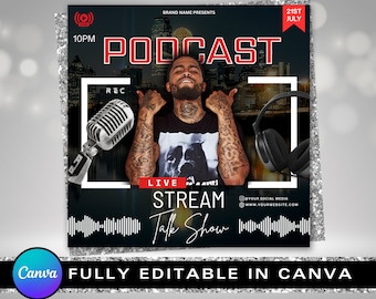 Podcast Flyer Design, editable podcast template, Talkshow flyer, Youtube stream flyer, Business promo invitation, radio social media post