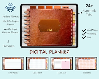 May include: Digital planner with a brown leather-like cover and 24+ hyperlink tabs. Includes student, monthly budget, and weekly budget planners. Features line paper, grid paper, to-do list, and calendar options. Compatible with GoodNotes, Notability, and PDF formats.