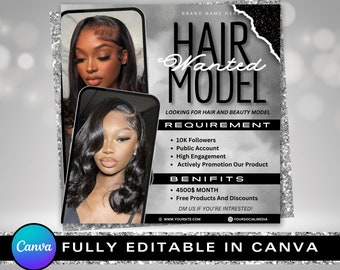 以下が含まれることがあります： 銀色のグリッターの背景に黒と白のグラフィック。テキストには「HAIR Wanted MODEL」と「LOOKING FOR HAIR AND BEAUTY MODEL」と書いてあります。このグラフィックは、ヘアモデルになるための要件と特典をリストアップしています。要件には、10,000人のフォロワー、公開アカウント、高いエンゲージメント、製品の積極的なプロモーションが含まれます。特典には、月額4,500ドル、無料の製品と割引、興味があればDMを送信するという行動喚起が含まれます。このグラフィックには、ウェブサイトとソーシャルメディアのハンドルも含まれています。