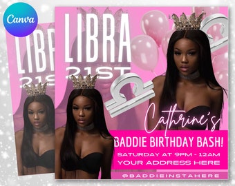 Libra Birthday Flyer, Birthday Template, Birthday Girl, Party Flyer, Celebration Flyer, Birthday Event, Birthday Invite, Canva Flyer Templat