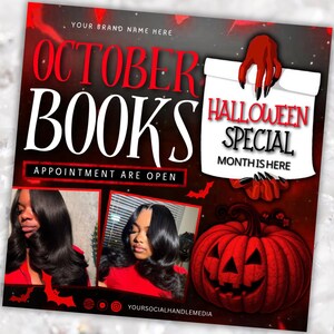 Puede incluir: Un gr&aacute;fico promocional con tem&aacute;tica de Halloween con un fondo degradado rojo y negro. El texto "OCTOBER BOOKS" se muestra de forma destacada, junto con "APPOINTMENT ARE OPEN". Tambi&eacute;n se presenta una calabaza de Halloween y las palabras "HALLOWEEN SPECIAL MONTH IS HERE".