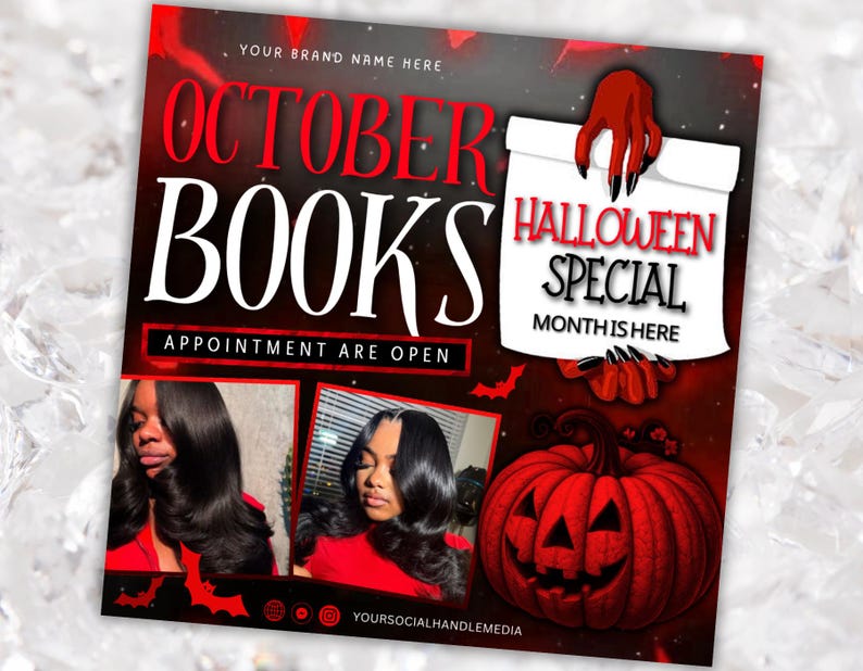 Puede incluir: Un gr&aacute;fico promocional con tem&aacute;tica de Halloween con un fondo degradado rojo y negro. El texto "OCTOBER BOOKS" se muestra de forma destacada, junto con "APPOINTMENT ARE OPEN". Tambi&eacute;n se presenta una calabaza de Halloween y las palabras "HALLOWEEN SPECIAL MONTH IS HERE".