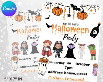 Op de afbeelding: Een Halloween-feestuitnodiging met oranje pompoenen, vleermuizen en een lichtsnoer bovenaan. Daaronder stripfiguren verkleed als vampier, skelet, geest met boombox, mummie en monster. Tekst: You are invited Halloween Party, Saturday 30 October 7pm, address, house, street, Costume Encouraged. 12,7 cm x 17,8 cm.