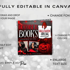 Puede incluir: Gr&aacute;fico promocional con tem&aacute;tica de Halloween para "October Books". El dise&ntilde;o presenta una combinaci&oacute;n de colores rojo y negro, una calabaza y el texto "Halloween Special". El gr&aacute;fico tambi&eacute;n incluye el texto "Fully Editable in Canva."