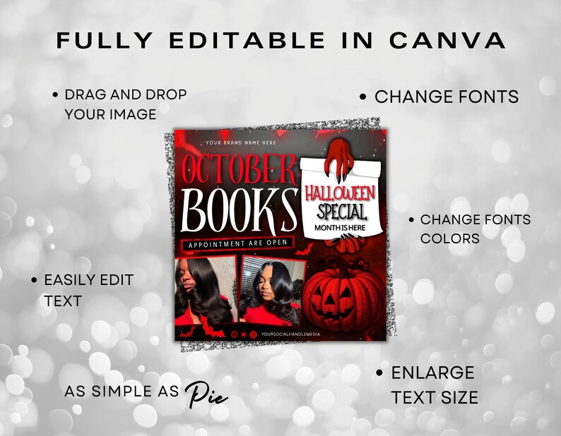 Puede incluir: Gr&aacute;fico promocional con tem&aacute;tica de Halloween para "October Books". El dise&ntilde;o presenta una combinaci&oacute;n de colores rojo y negro, una calabaza y el texto "Halloween Special". El gr&aacute;fico tambi&eacute;n incluye el texto "Fully Editable in Canva."