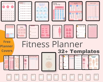 May include: A collection of digital fitness planner templates displayed on tablets. The templates feature pink and blue designs with sections for tracking progress, mood, and goals. The text on the image reads "Fitness Planner" and "32+ Templates".