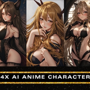 May include: A digital artwork featuring three anime-style female characters. Each character has long hair and is wearing a black outfit. The image includes the text "4X AI ANIME CHARACTER" in a gold-bordered black rectangle.