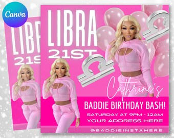 Libra Birthday Flyer, Birthday Template, Birthday Girl, Party Flyer, Celebration Flyer, Birthday Event, Birthday Invite, Canva Flyer Templat