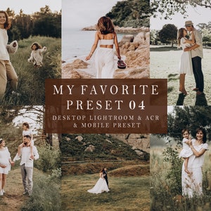 Könnte beinhalten: Eine Collage von Bildern, die Menschen in verschiedenen Umgebungen zeigen, darunter ein Paar in einem Wald, eine Frau am Strand und eine Familie auf einem Feld. Die Bilder sind alle mit einem warmen, vintage-inspirierten Filter bearbeitet. Der Text "MY FAVORITE PRESET 04" wird in einem braunen Kasten angezeigt, zusammen mit dem Text "DESKTOP LIGHTROOM & ACR & MOBILE PRESET".