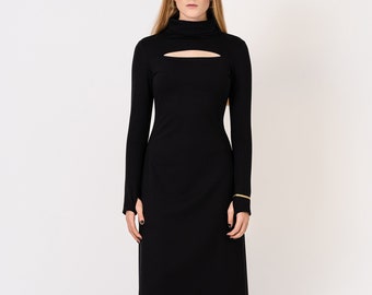 Black modern dress | Extravagant Dress | Black midi dress | Black formal dress | Black sweatshirt dress | Party dress  | Heavy viscose dress