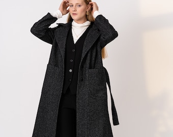 Elegant Spring Wool Coat - Dark Coat with side slits - Oversize Wool Coat with Pockets and Belt