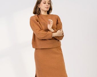 Camel two piece suit- Soft camel set- Skirt and Sweater 2 piece suit, Camel soft sweater, Camel skirt