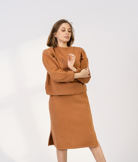 Camel Two Piece Suit Soft Camel Set Skirt and Sweater 2 Piece Suit