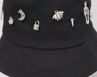 Emo/ Punk Theme Bucket Hat, Hand Embroidery Silver Charms, Sun Hat, Fashion Bucket Hat