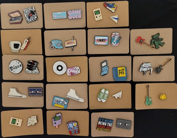 Retro, Old School, 90's Style Enamel Pins, Rubix Cube, Gameboy, Cassette, Phone