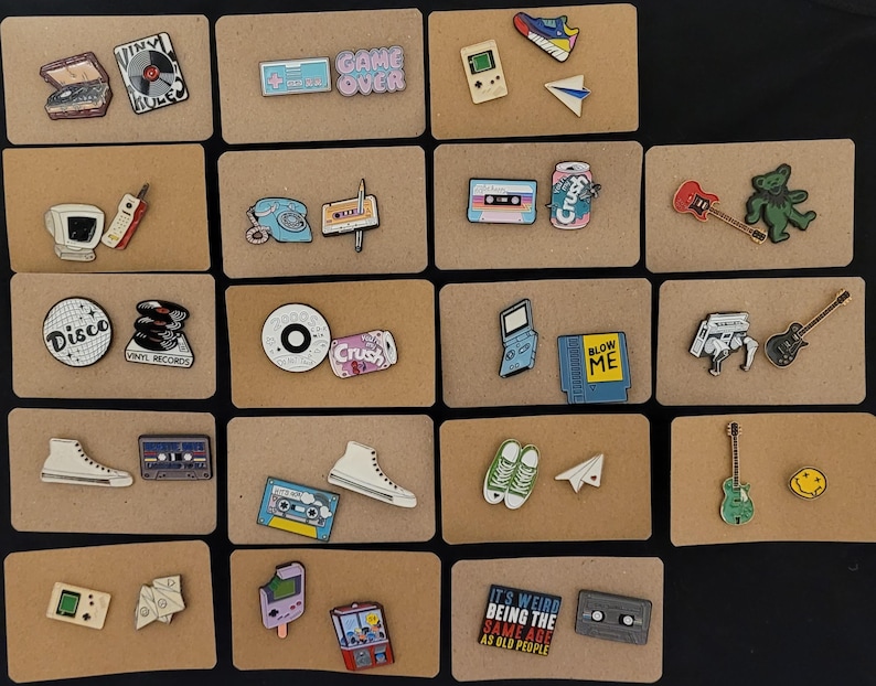 Retro, Old School, 90's Style Enamel Pins, Rubix Cube, Gameboy, Cassette, Phone image 1