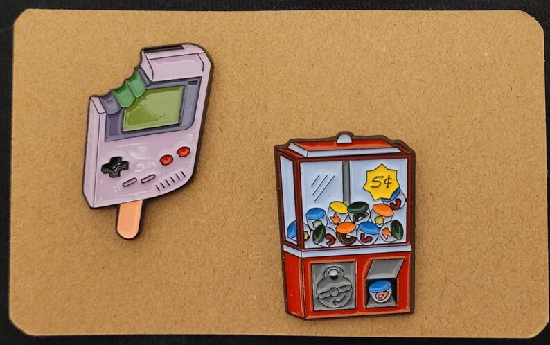 Retro, Old School, 90's Style Enamel Pins, Rubix Cube, Gameboy, Cassette, Phone Gumball Machine
