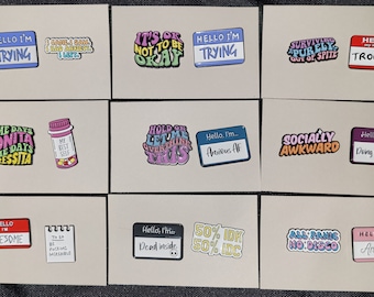 Funny Enamel Pin Sets - Social Anxiety, Awkward, Introvert, Name Tags
