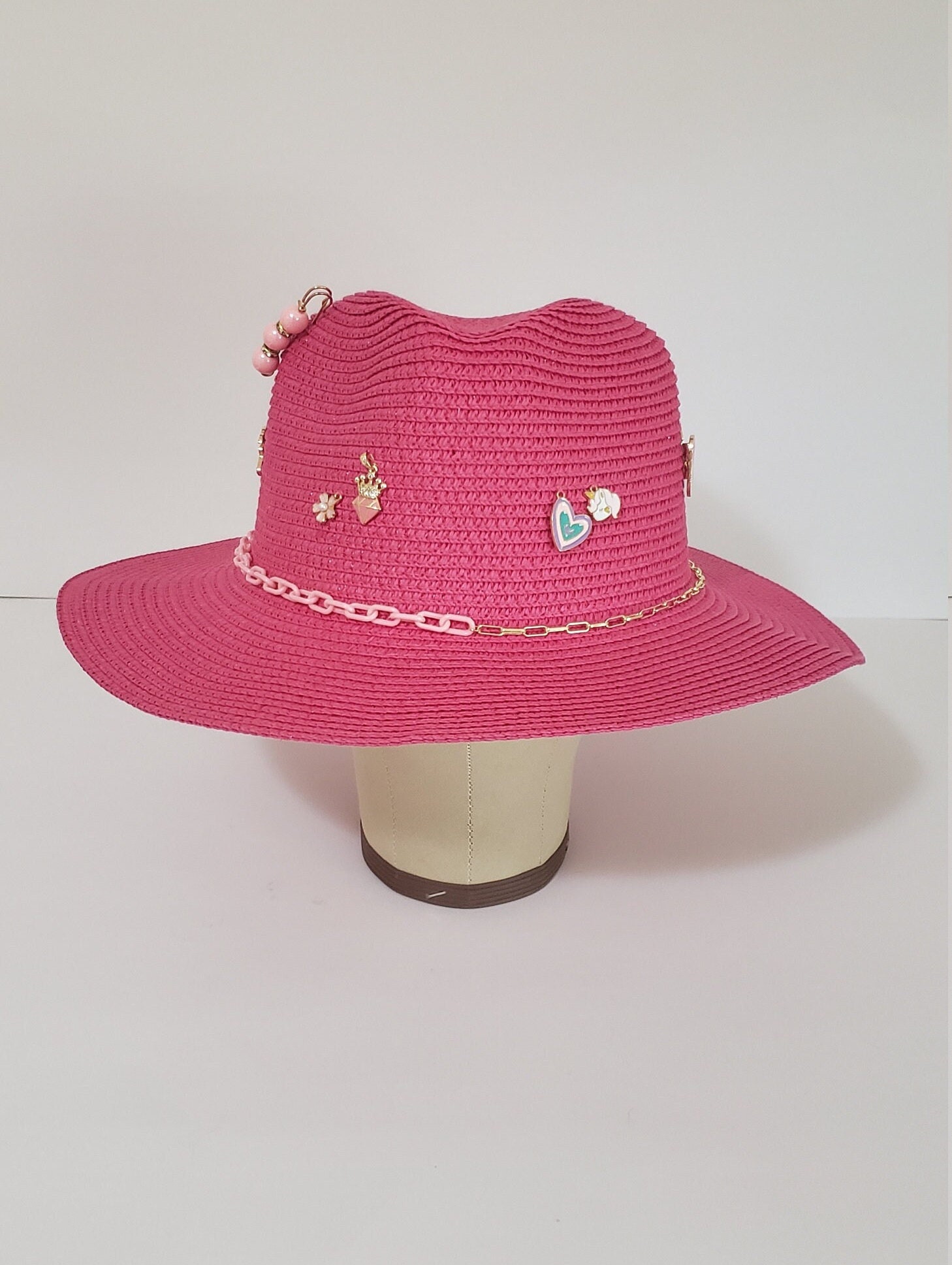 Hand Embroidered Straw Fedora Hat with Pink Accents Every Flower Blooms” Fedora – Dark Pink Vegan Suede Hat  main image 3
