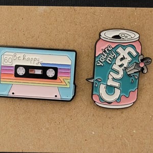 Retro, Old School, 90's Style Enamel Pins, Rubix Cube, Gameboy, Cassette, Phone Cassette + Crush