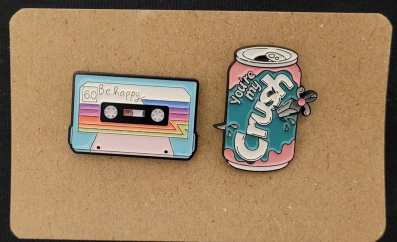Retro, Old School, 90's Style Enamel Pins, Rubix Cube, Gameboy, Cassette, Phone Cassette + Crush