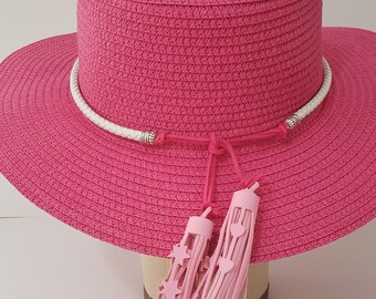 Pink Straw Fedora, Embroidery, Tassel Hat Band - Etsy display picture 1