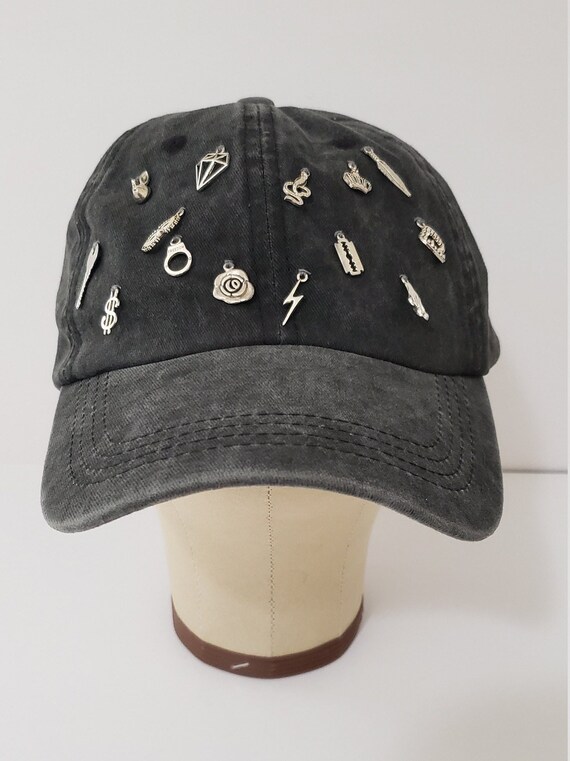 Faded Black Baseball Hat With Charms, Dark Theme With Fangs 
