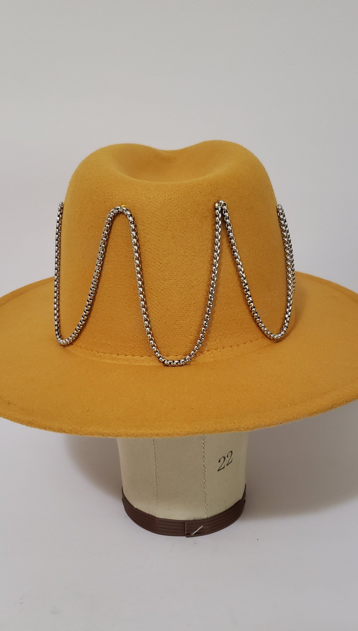 Golden Yellow Fedora With Chain Accent, Hat With Silver 