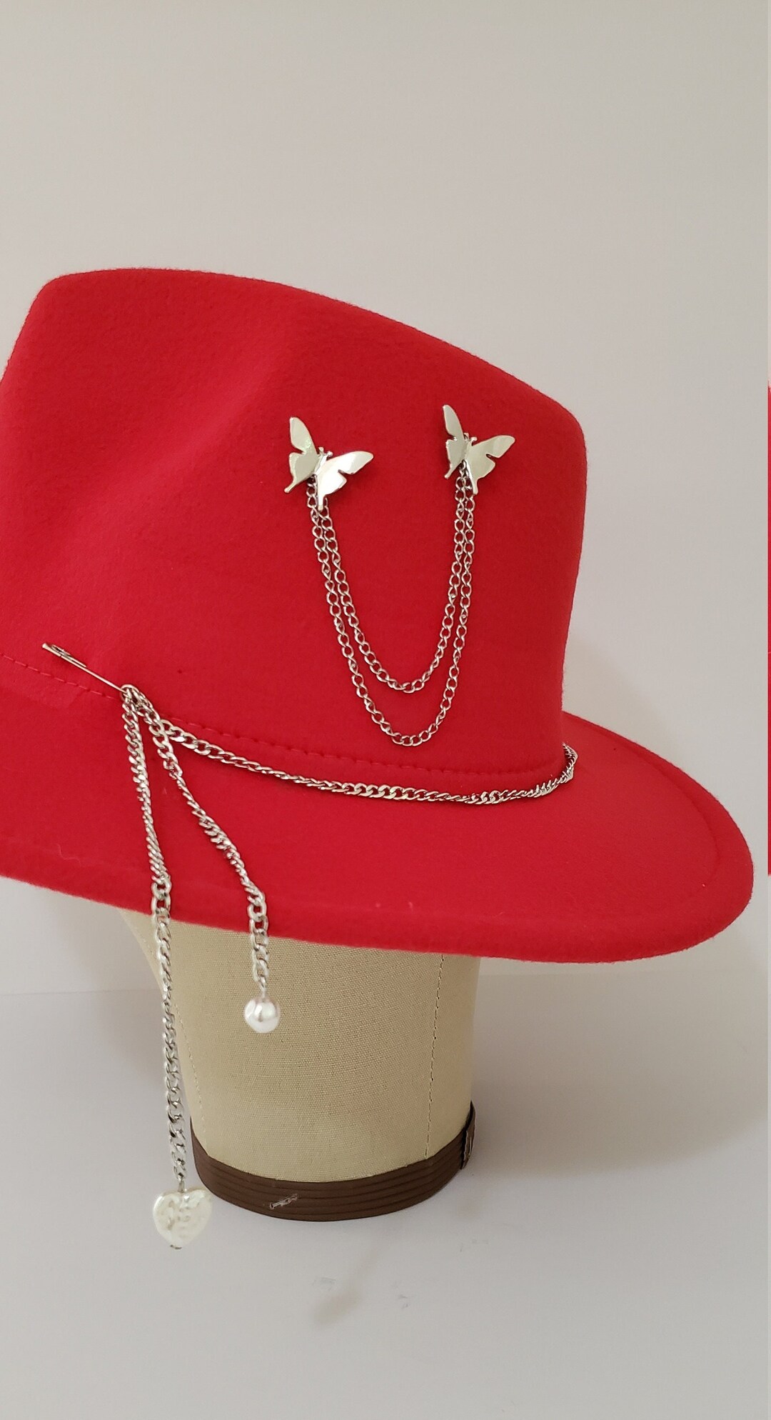Red Patchwork Fedora with Chain Detail Felt Fedora Hat for Men and Women Wide Brim Cotton Patchwork  main image 2