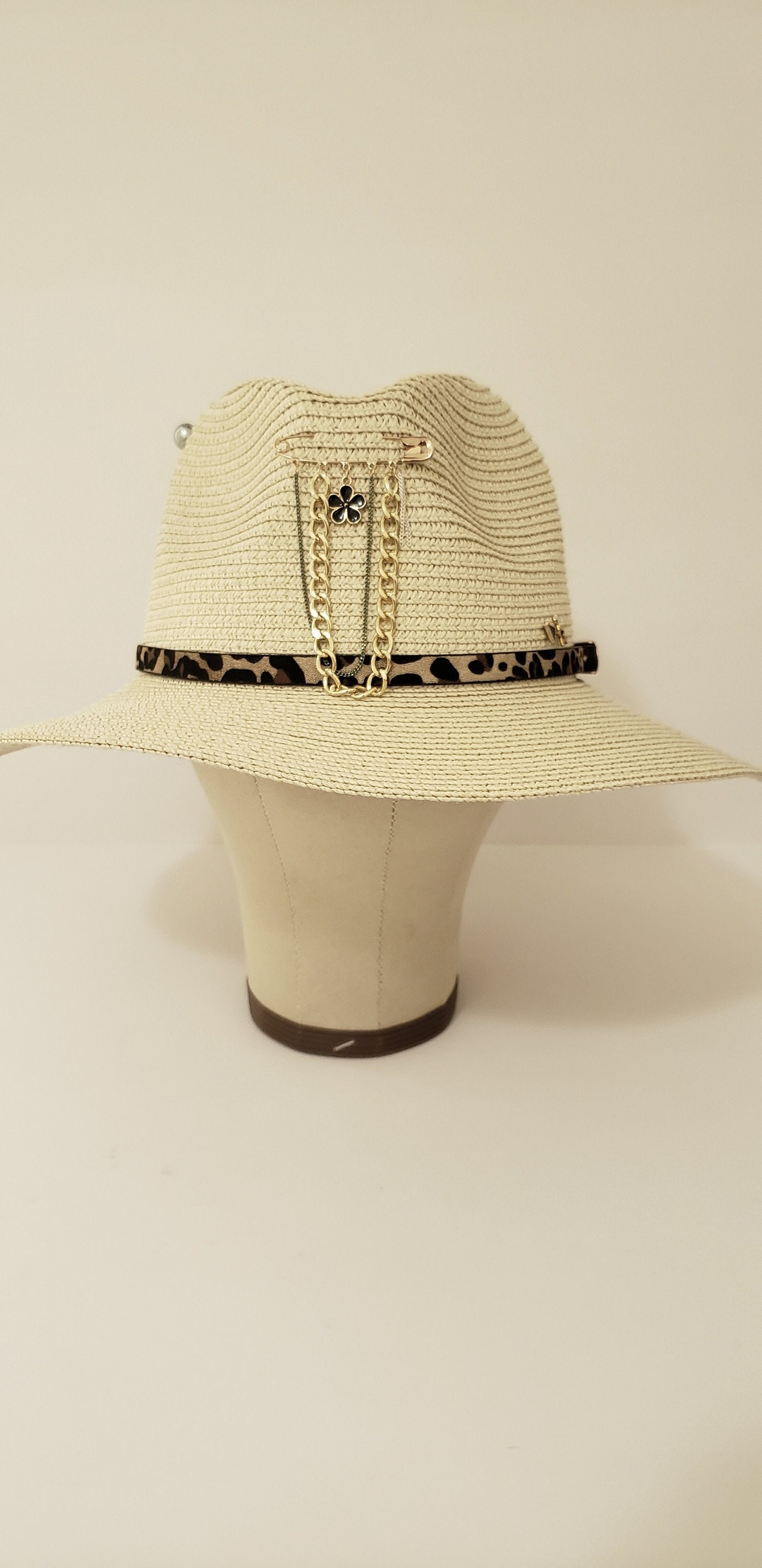 Tan Straw Fedora, Leopard Band, Gold Chain Accents - Etsy display picture 3