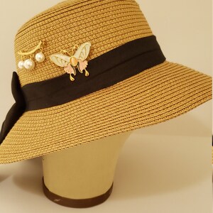 Beige Straw Sun Hat, Butterfly and Owl Accessories
