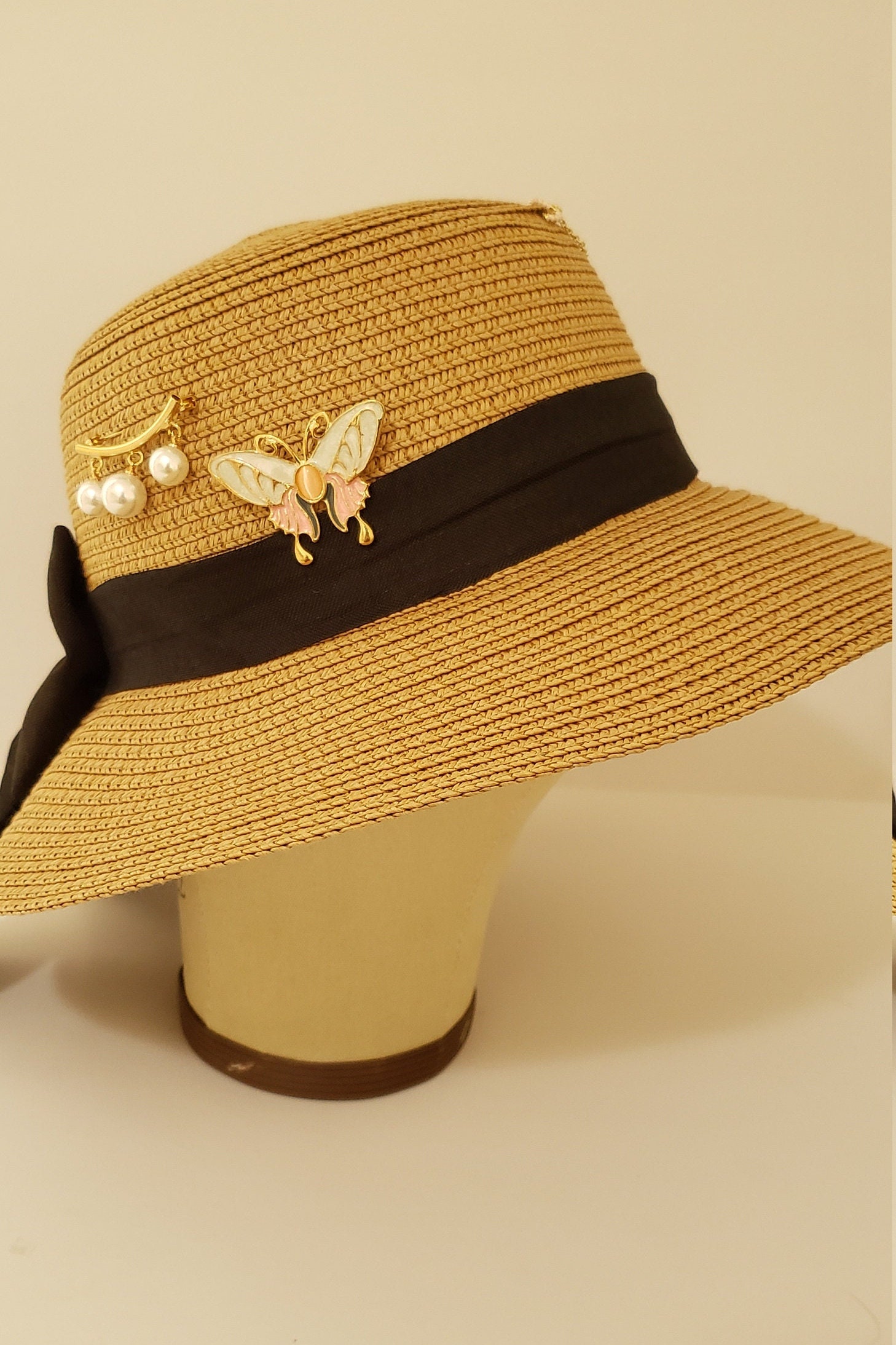 Beige Straw Sun Hat, Butterfly and Owl Accessories