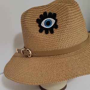 Evil Eye Straw Sun Hat, Fedora Style, Embroidery, Hot Pink Cool