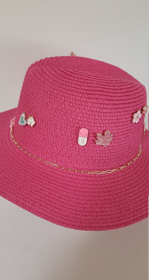 All Pink Straw Fedora, Pink Chain Fedora, Hand Embroidered  display picture 3