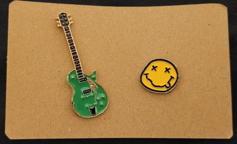 Retro, Old School, 90's Style Enamel Pins, Rubix Cube, Gameboy, Cassette, Phone Green Guitar