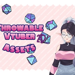 May include: A digital illustration of a VTuber character with long white hair, wearing a black top with pink accents, blue jeans, and glasses. The character is surrounded by blue and purple dice with white numbers. The text "THROWABLE VTUBER 2D ASSETS" is in pink letters.