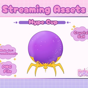 Peut inclure: Coupe d'animation violette et dorée avec un design de boule de cristal. La coupe est sur un fond blanc avec le texte "Hype Cup" et "Made for: Stream Elements" en noir.