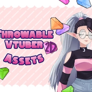 May include: A digital illustration of a female anime character with long white hair, wearing a black and pink shirt, blue jeans, and glasses. The text "THROWABLE VTUBER 2D ASSETS" is in the image.