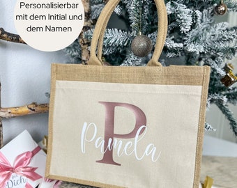jutetasche personalisiert mit Namen, Tasche mit initialen, Einkaufstasche Damen,geschenkverpackungen weihnachten, Weihnachtsgeschenk Mama